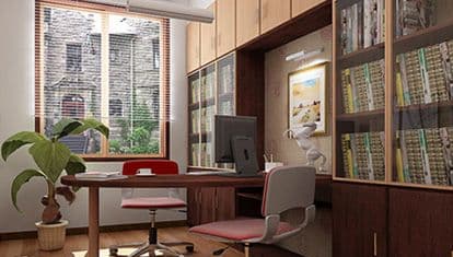 Completed Roomidea home office with a built-in desk, bookcases, and cabinet storage