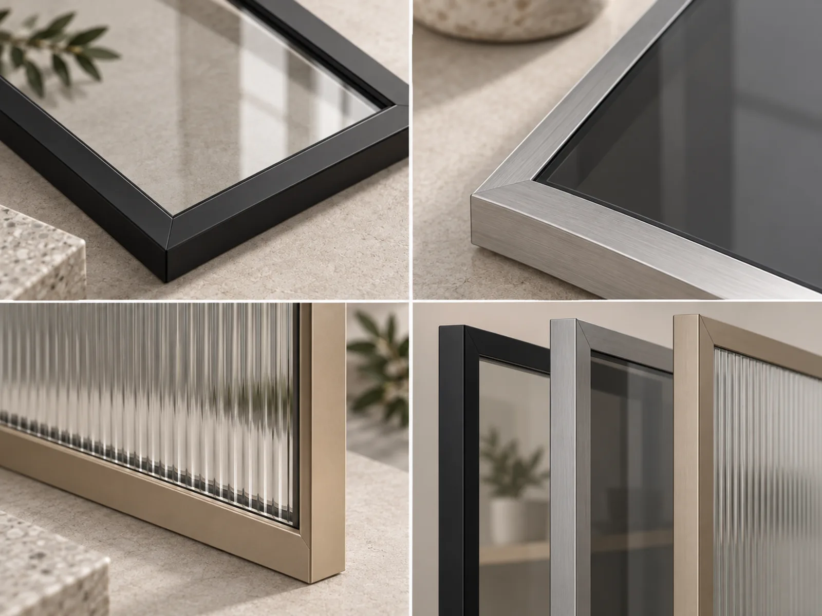 Aluminum-framed cabinet door samples comparing frame finishes and glass options