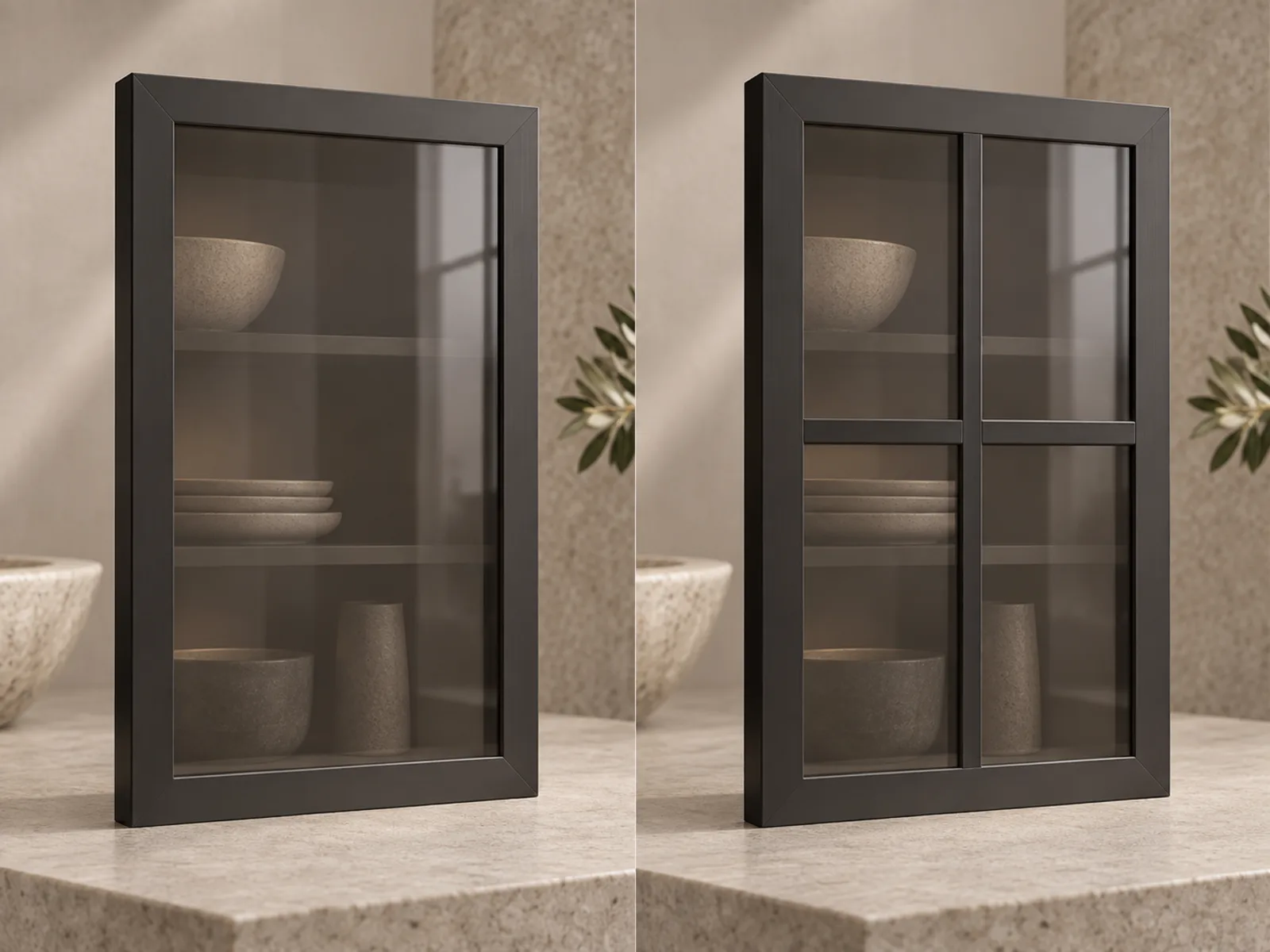 Black aluminum-framed cabinet doors comparing full-pane and divided glass layouts