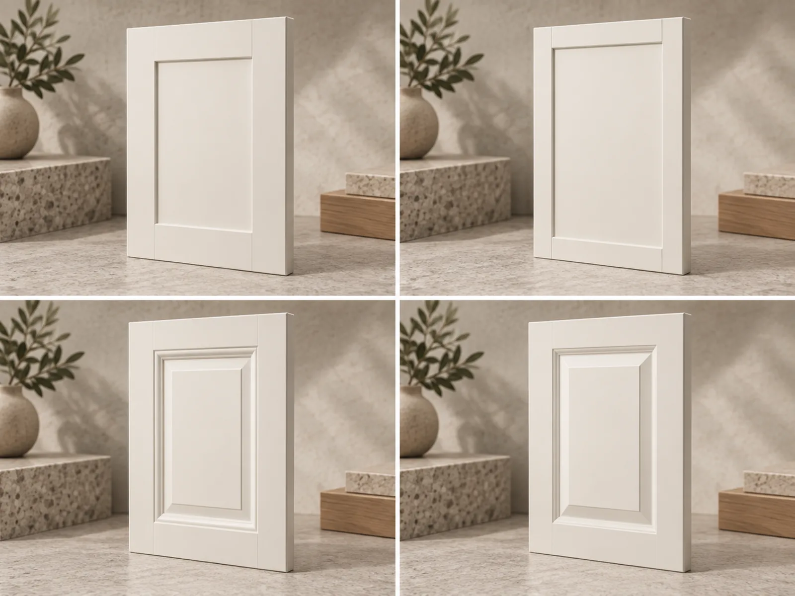 Four white cabinet door samples comparing Shaker and decorative recessed-panel profiles