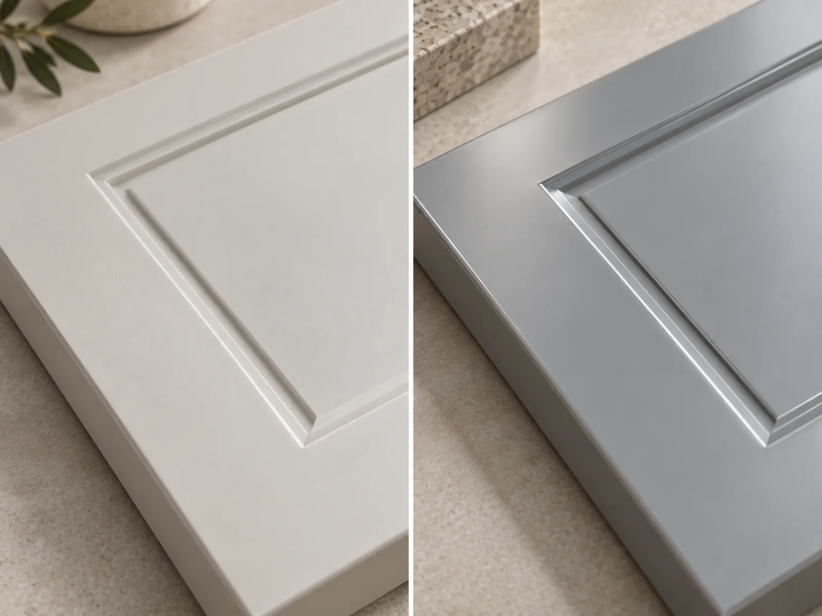 Close-up comparison of white and grey profiled cabinet door surfaces