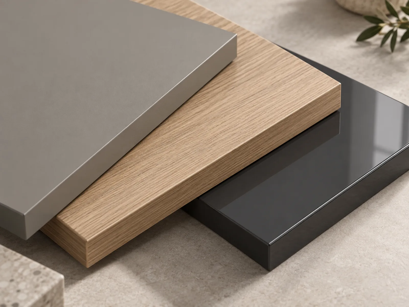 Slab cabinet door samples showing matte, woodgrain and gloss surfaces with finished edges