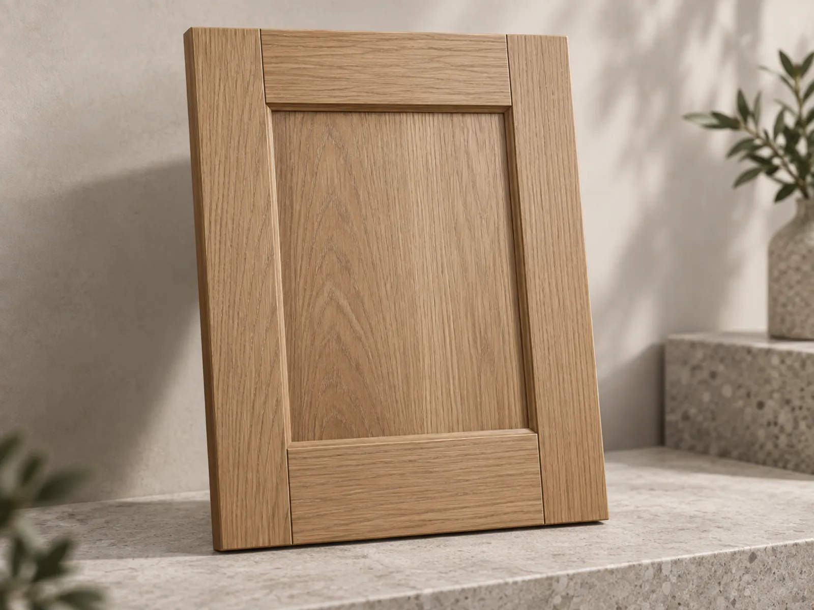 Wood cabinet door sample with a five-piece frame and recessed centre panel