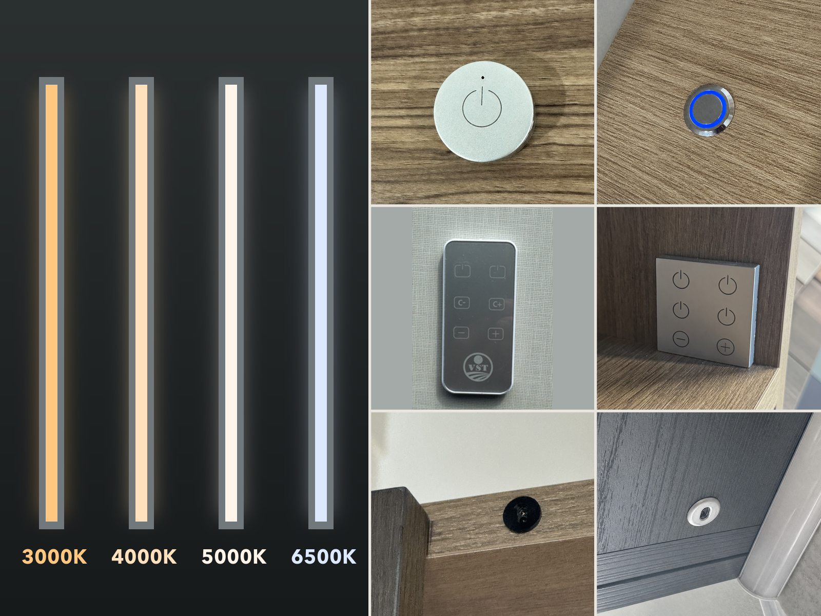 Cabinet lighting colour temperatures and touch, remote, door-activated and motion controls