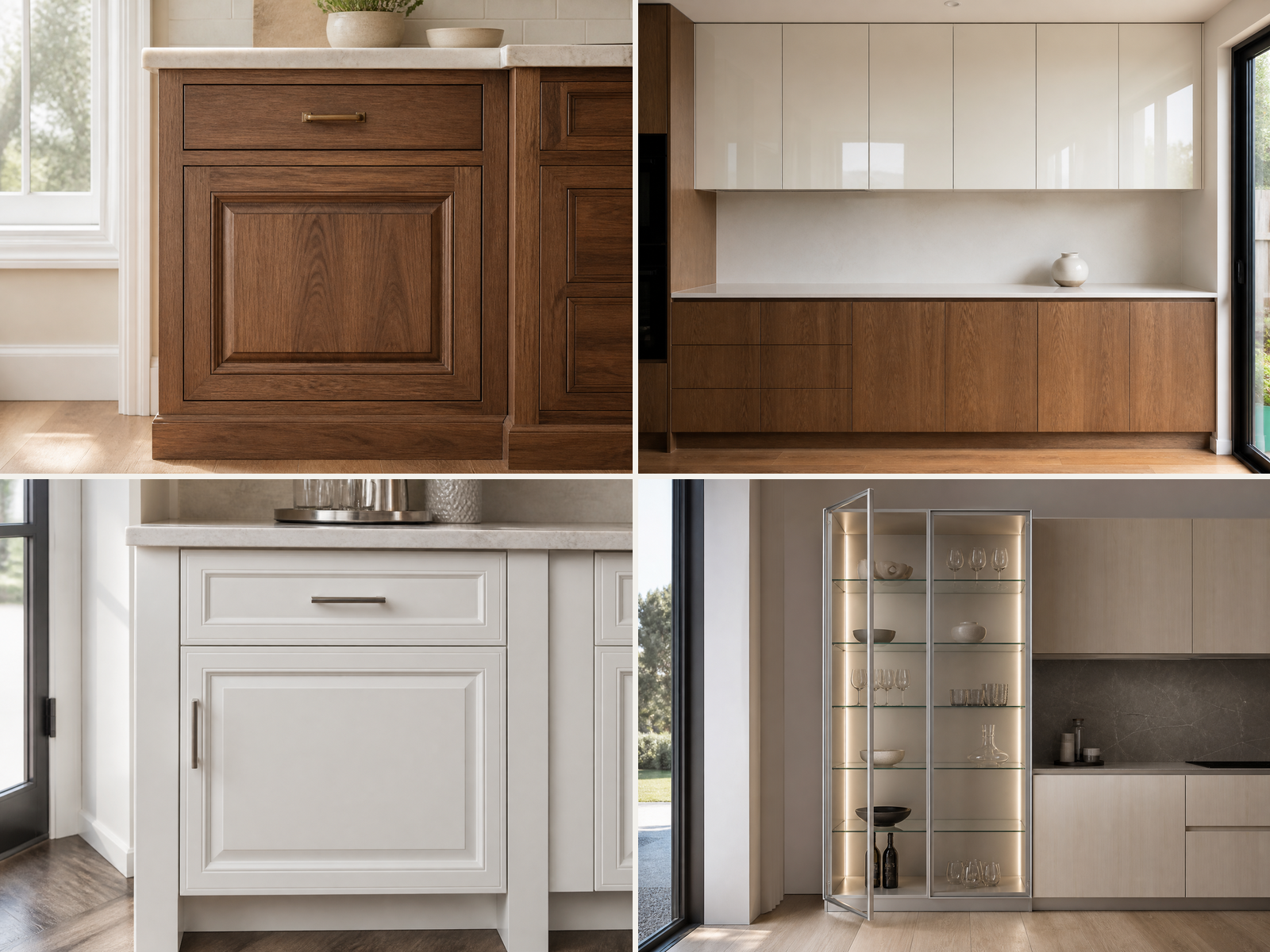 Four cabinet door and surface finishes: stained solid wood raised panel, high-gloss and woodgrain slab, profiled thermofoil, and champagne aluminum-framed glass