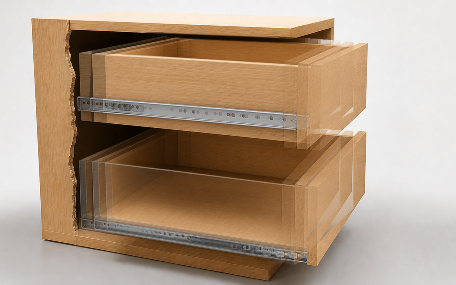Side-mount and undermount drawer systems shown through soft-close movement stages