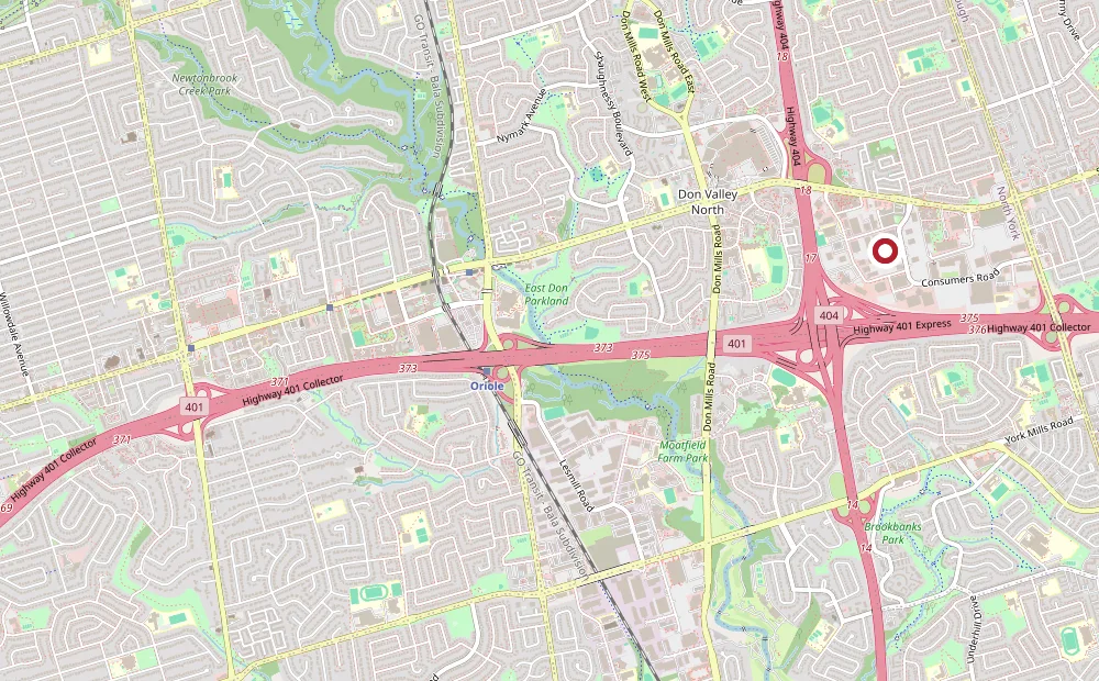 Static map showing Roomidea showroom near Consumers Road, Highway 401, and Highway 404 in North York.