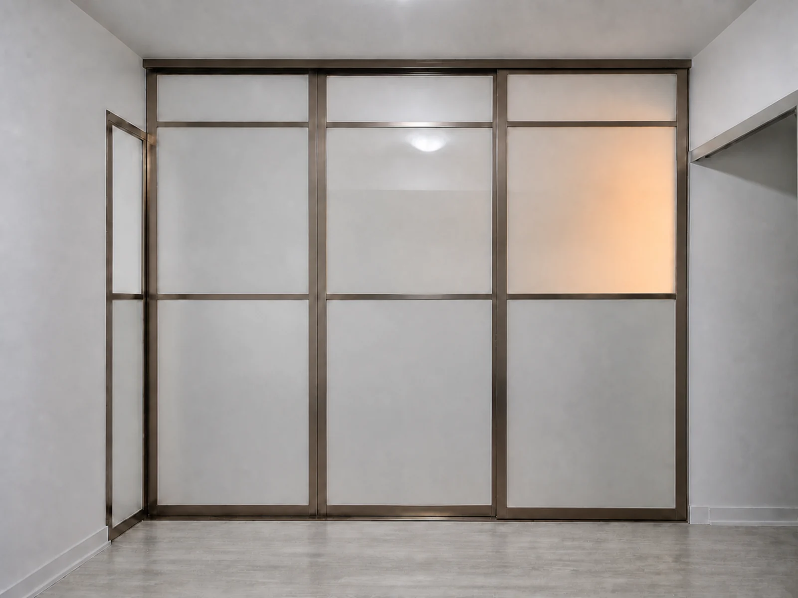 Sliding room divider coordinated with a fixed side panel in a residential interior.