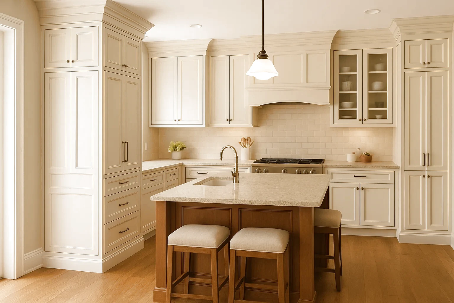 Traditional custom kitchen cabinetry with warm residential finishes, detailed cabinet doors, island storage, and a refined transitional layout.