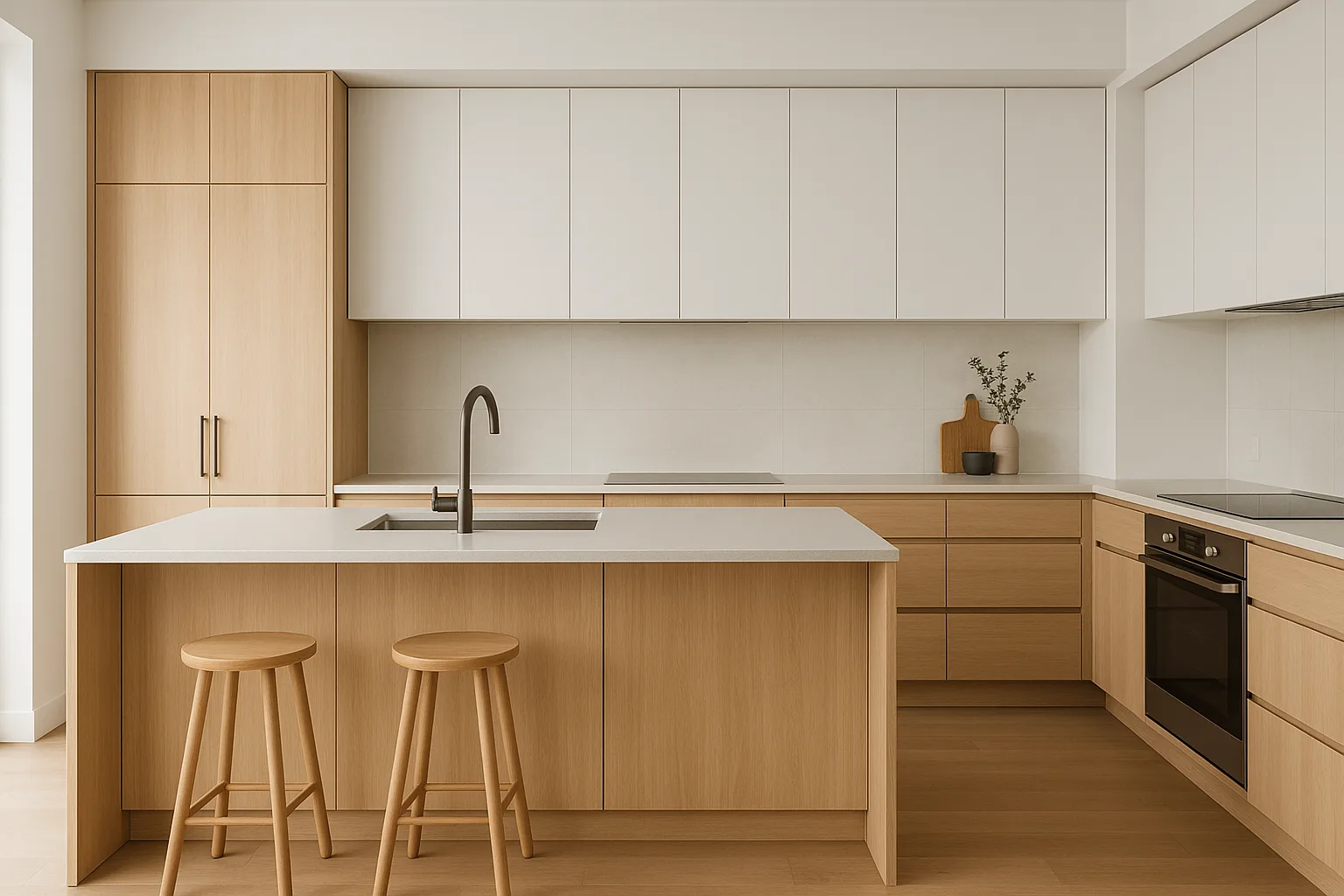 Modern custom kitchen cabinetry with clean cabinet lines, integrated storage, a bright island layout, and warm contemporary finishes.