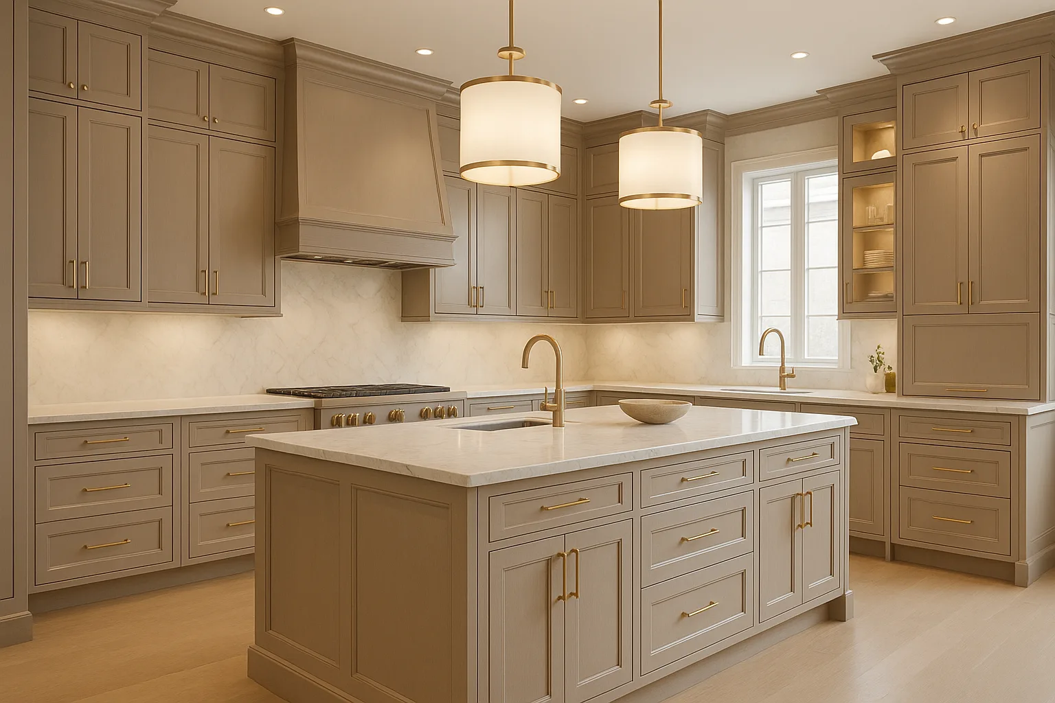 Light luxury custom kitchen cabinetry with refined stone surfaces, soft lighting, premium storage details, and a restrained residential design.