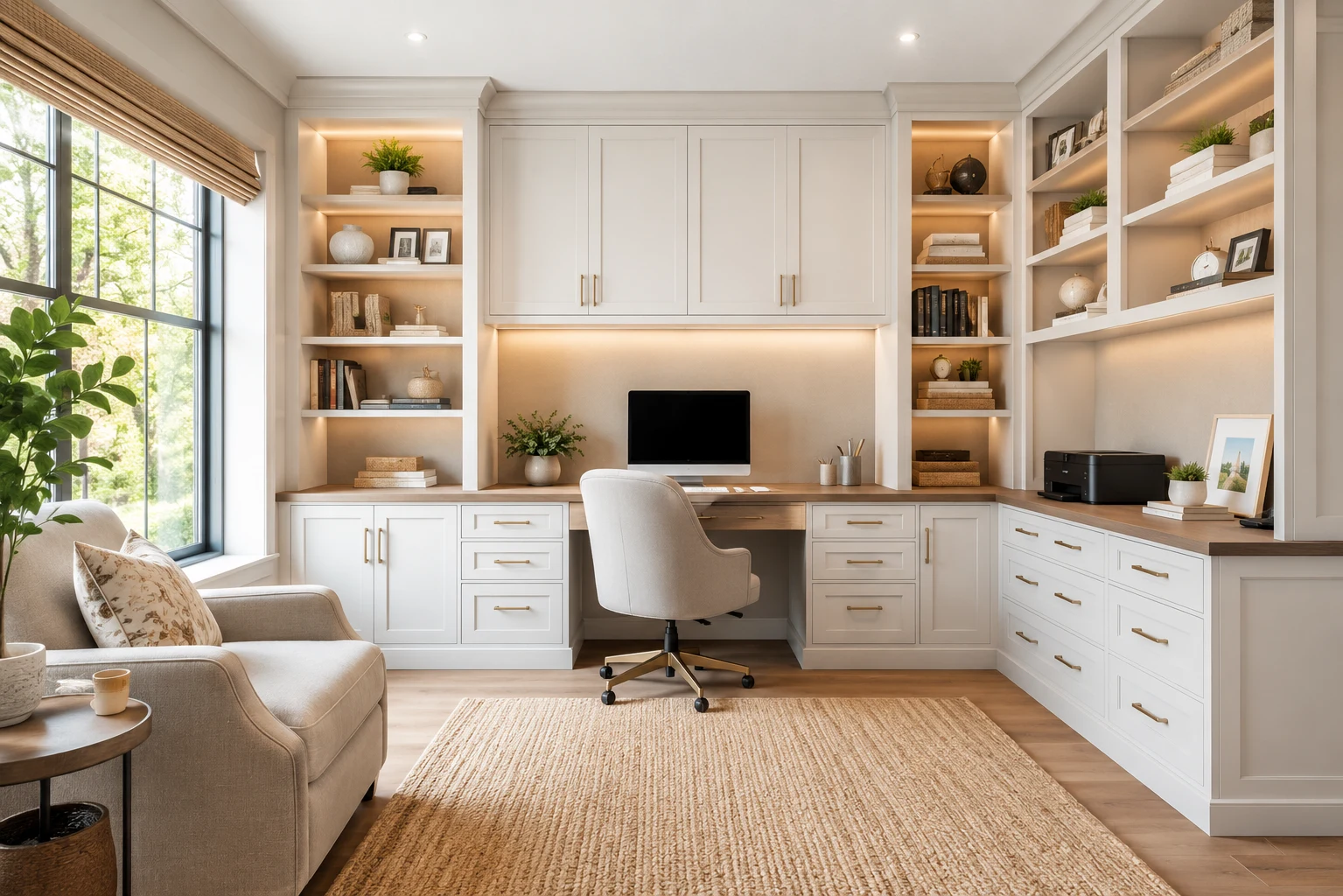 Custom L-shaped built-in home office with curved corner desk, integrated storage, floating shelves, open bookcase, monitor, printer, and filing drawers.