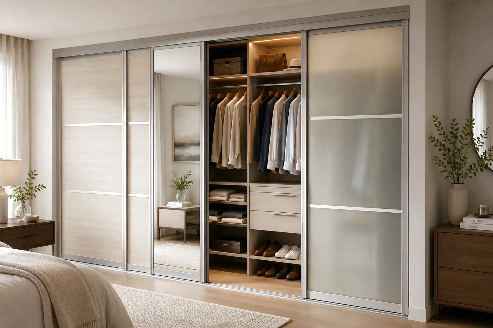 Indoor closet sliding doors with aluminum frames, wood panels, frosted glass panels, mirror panel, exposed wardrobe interior, and bedroom storage context