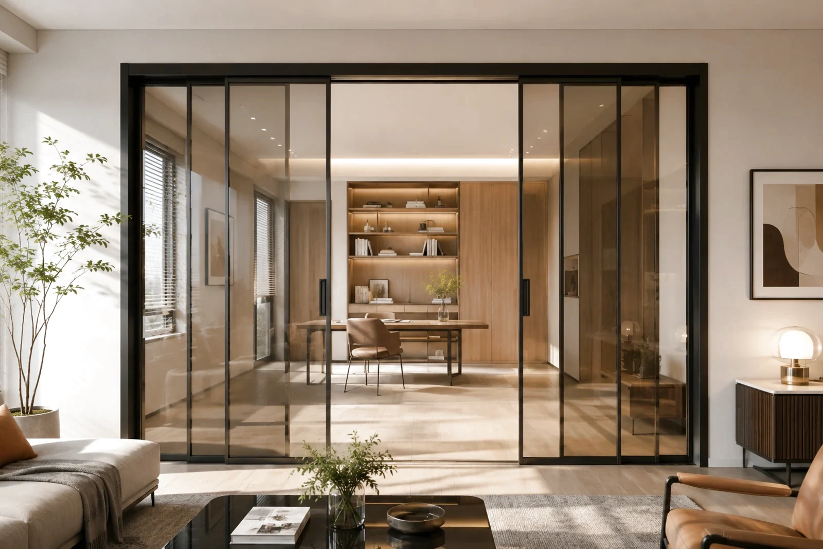 Interior room sliding glass doors with black aluminum frames separating a living area from a study or dining space in a modern residential interior