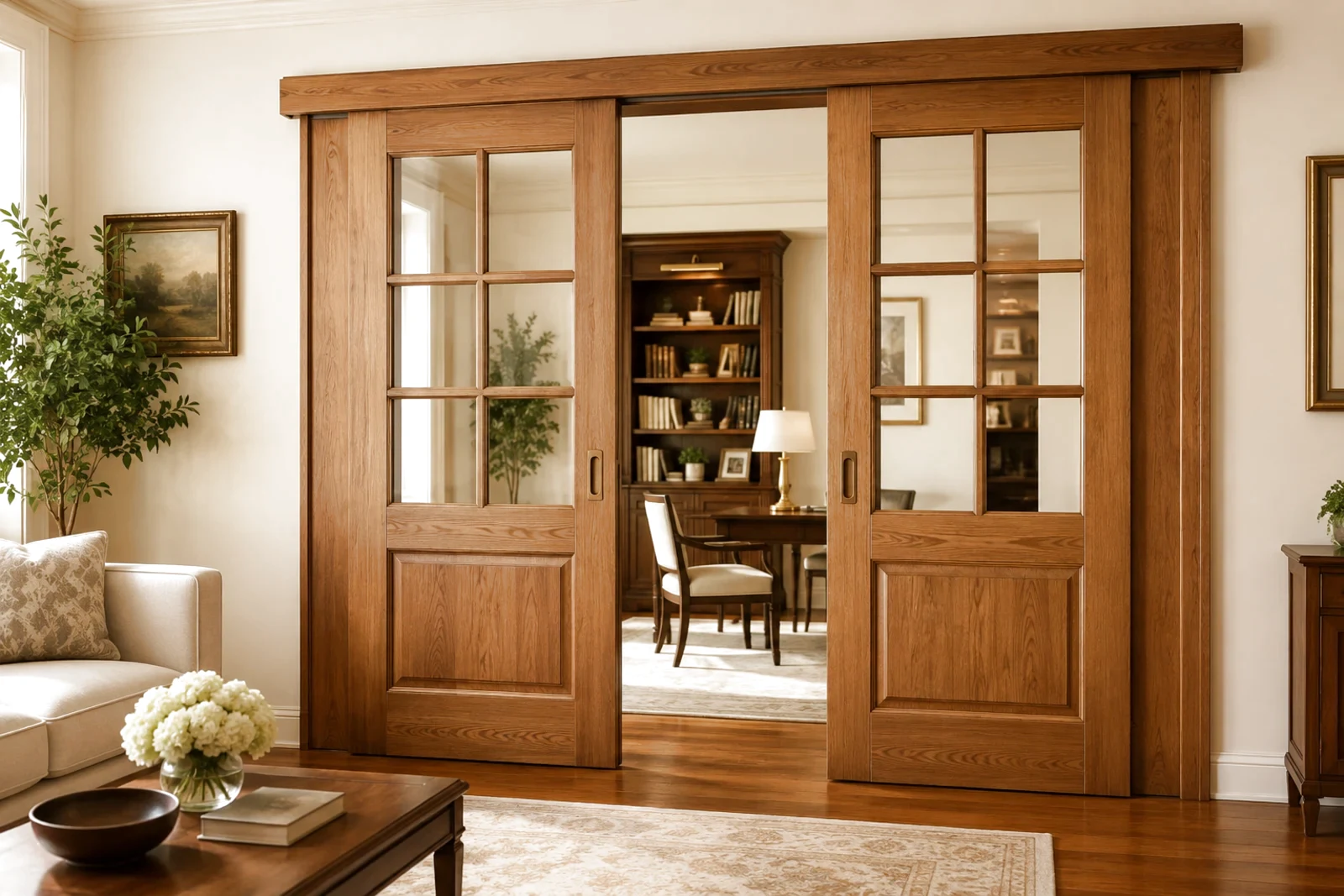 All-wood interior sliding doors with wood frame divided panels, glass inserts, profiled wood lower panels, overhead sliding track, and warm residential room separation