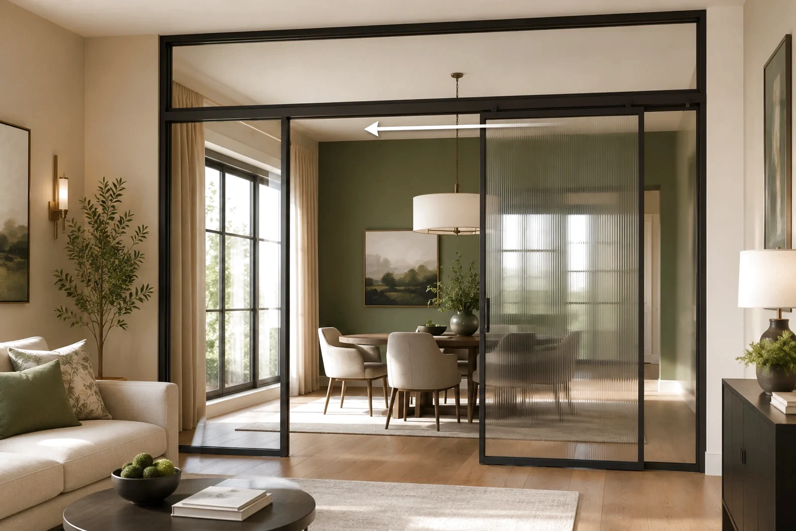 Room divider with upper fixed transom panel, one fixed side panel, and one sliding panel on an overhead track separating a living area from a dining area in a modern residential interior