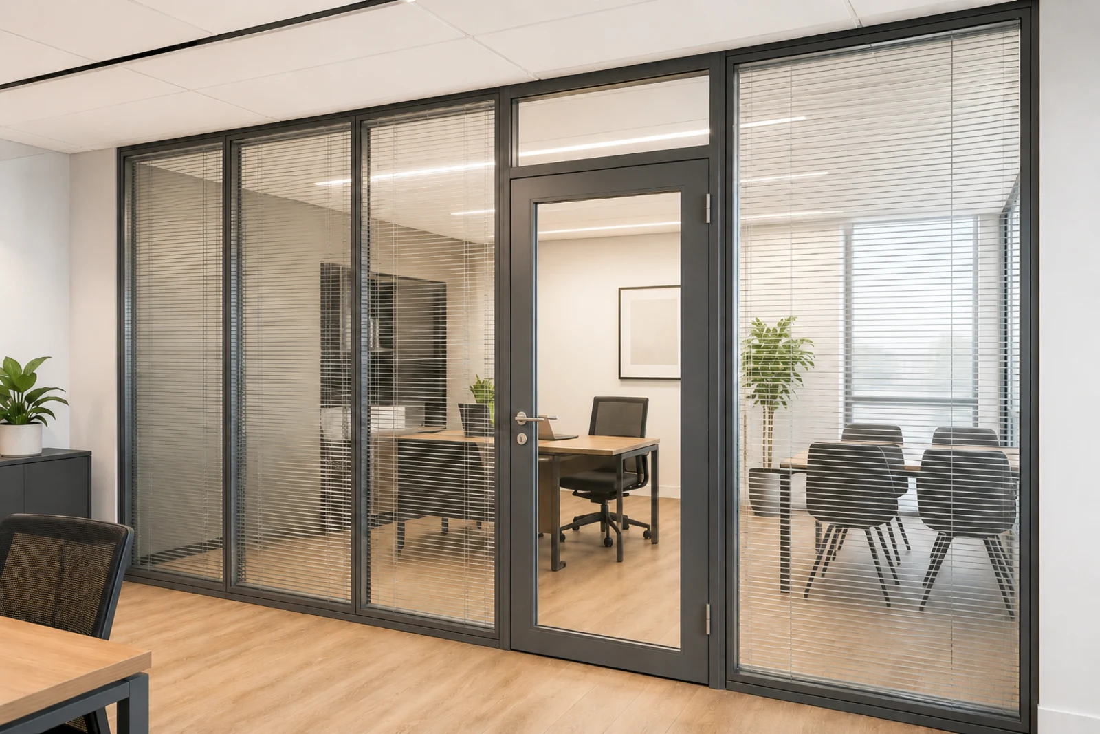 Small office glass partition with double glazing, adjustable internal blinds, black frame, lockable hinged glass door, and modern office workspace