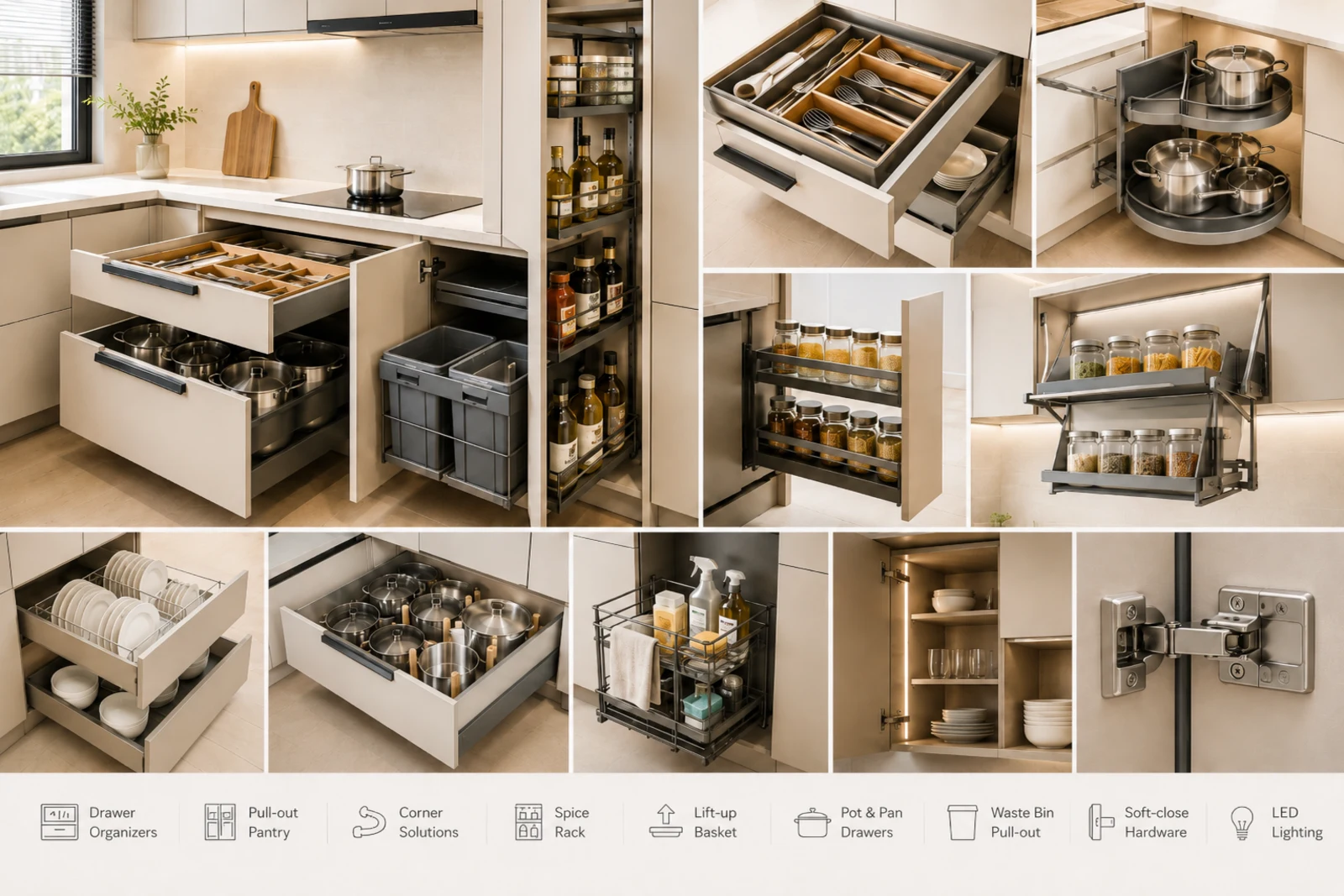 Kitchen cabinet components and accessories collage showing drawer organizers, pull-out pantry, corner carousel, spice rack, lift-up basket, pot drawers, waste bin pull-out, soft-close hinge, and LED cabinet lighting