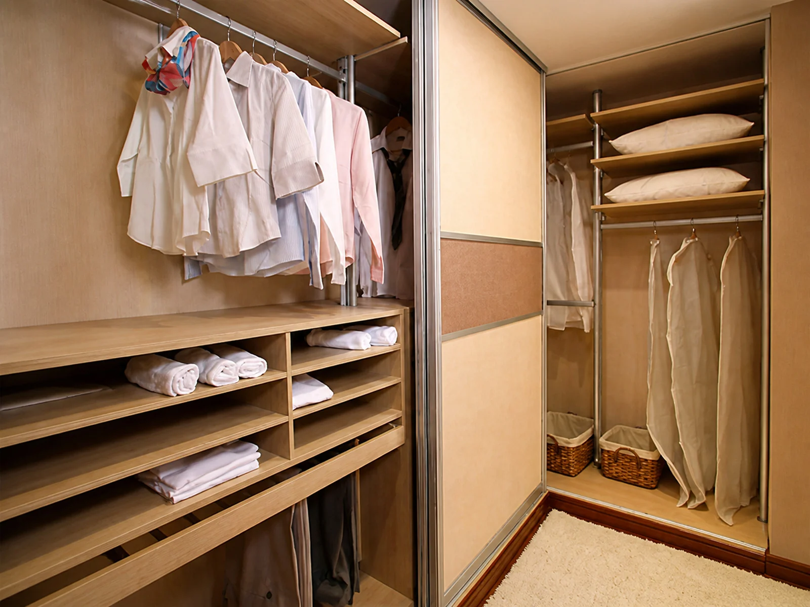 Sliding closet door installed between a raised base and the ceiling inside a walk-in closet.