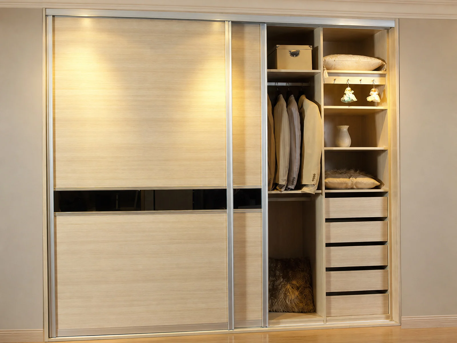 Built-in closet with two wood sliding doors and a narrow horizontal glass accent.