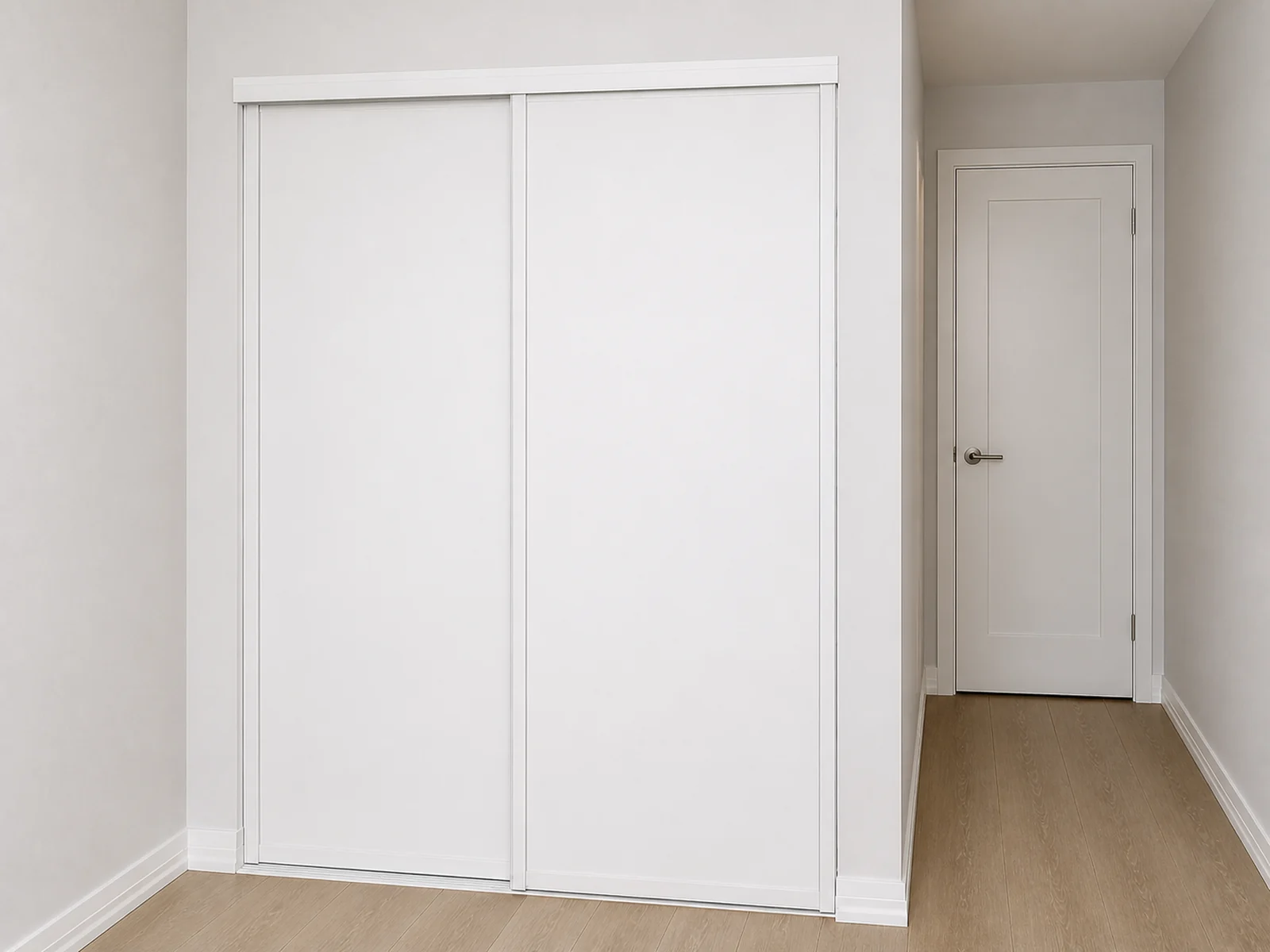 Two solid white sliding doors installed on a two-track closet opening.