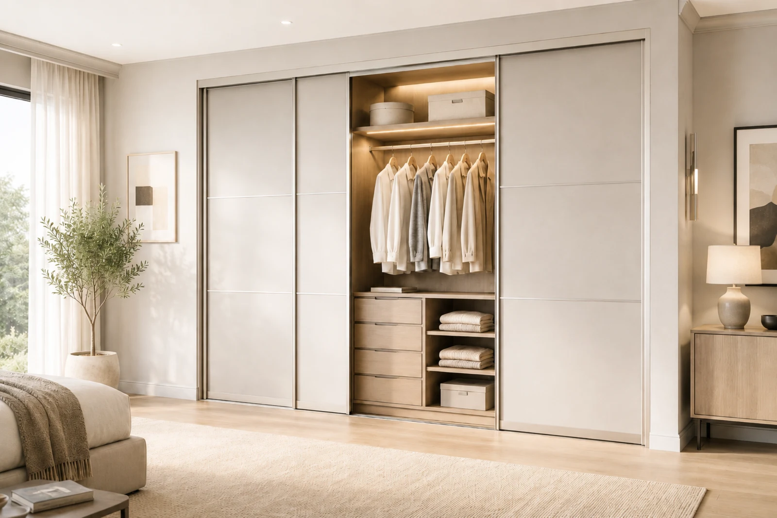 Sliding doors integrated into a furnished bedroom wardrobe wall.