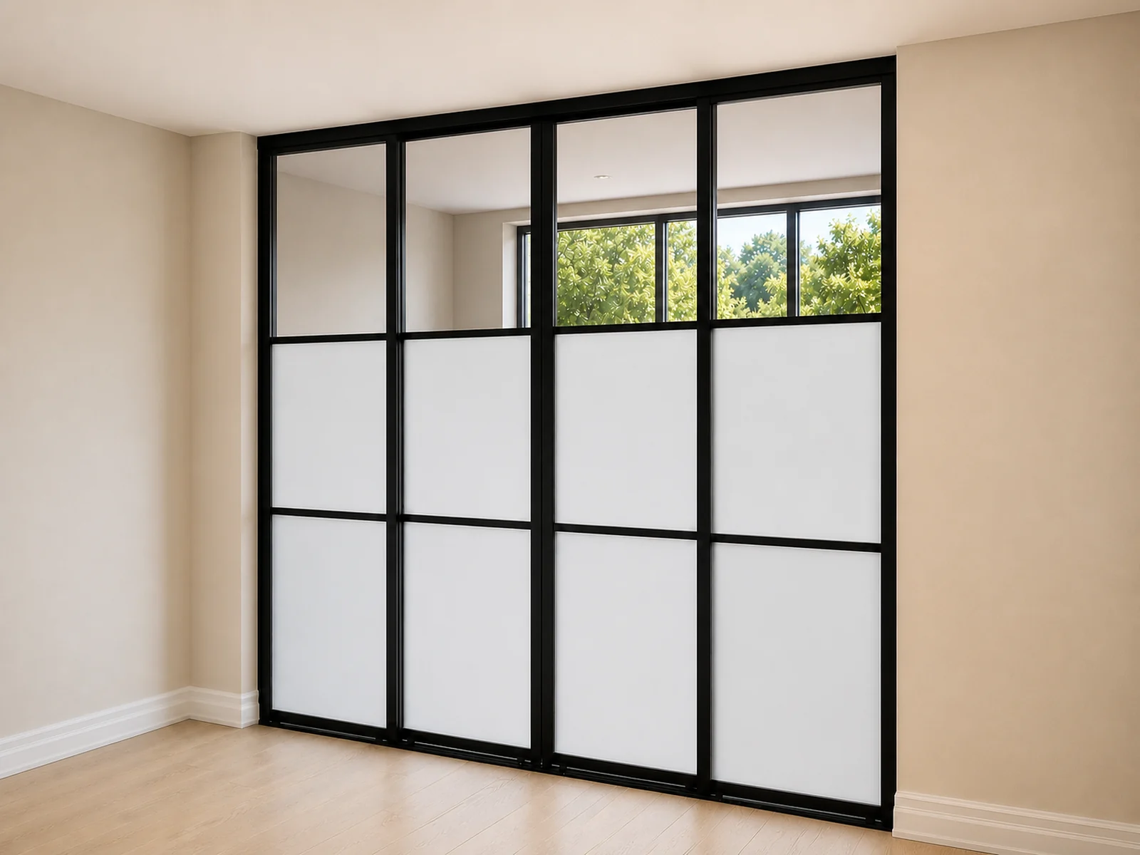 Complete black-framed sliding door system with frosted panels and a clear upper section for daylight.
