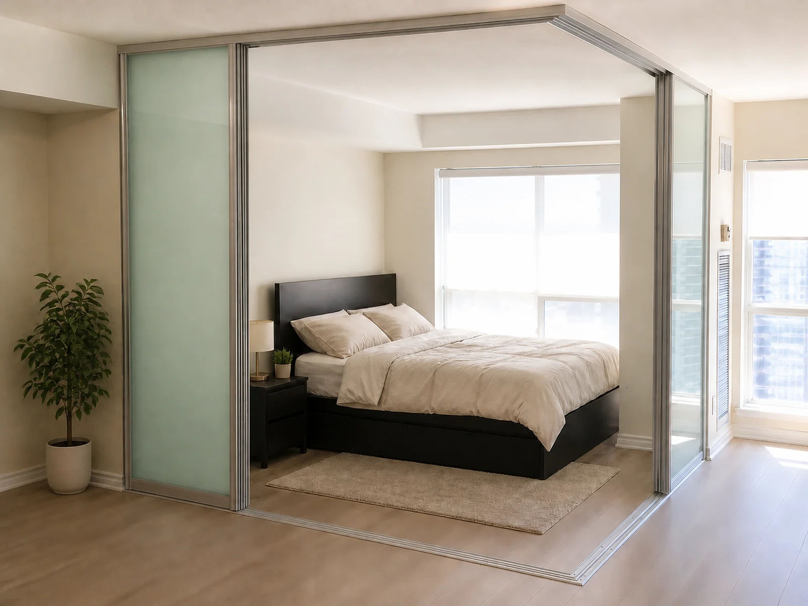 Silver-framed L-shaped sliding room divider defining a sleeping area within an open condo.