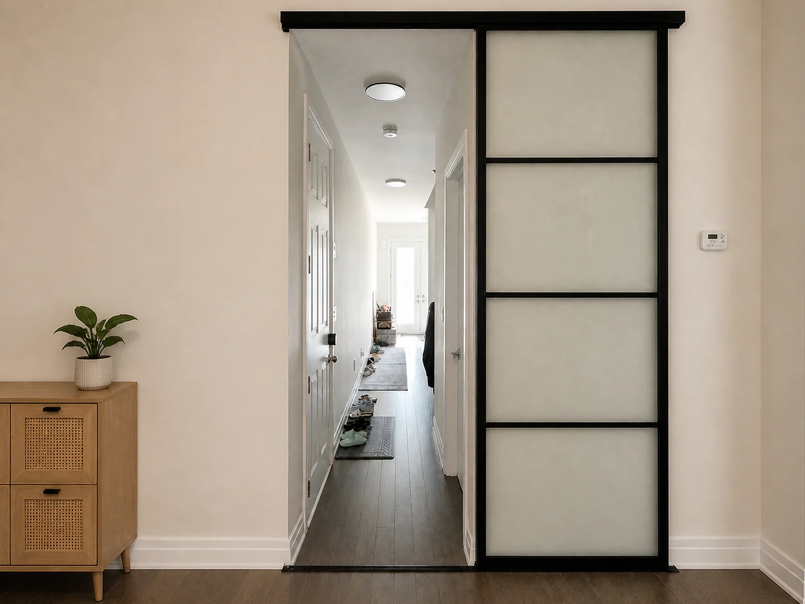 Single black-framed frosted sliding door closing a hallway opening.