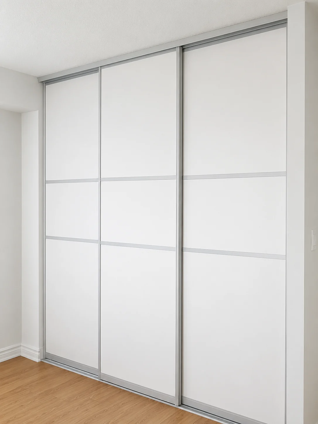 White sliding closet doors installed across a clean storage opening.