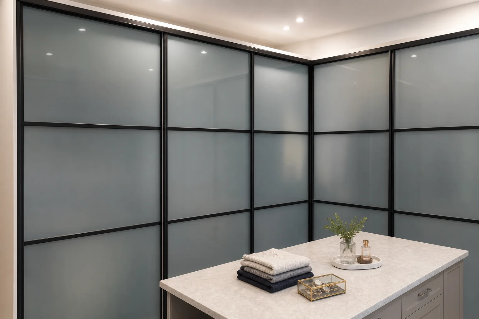 Black-framed sliding doors enclosing a walk-in closet entrance.