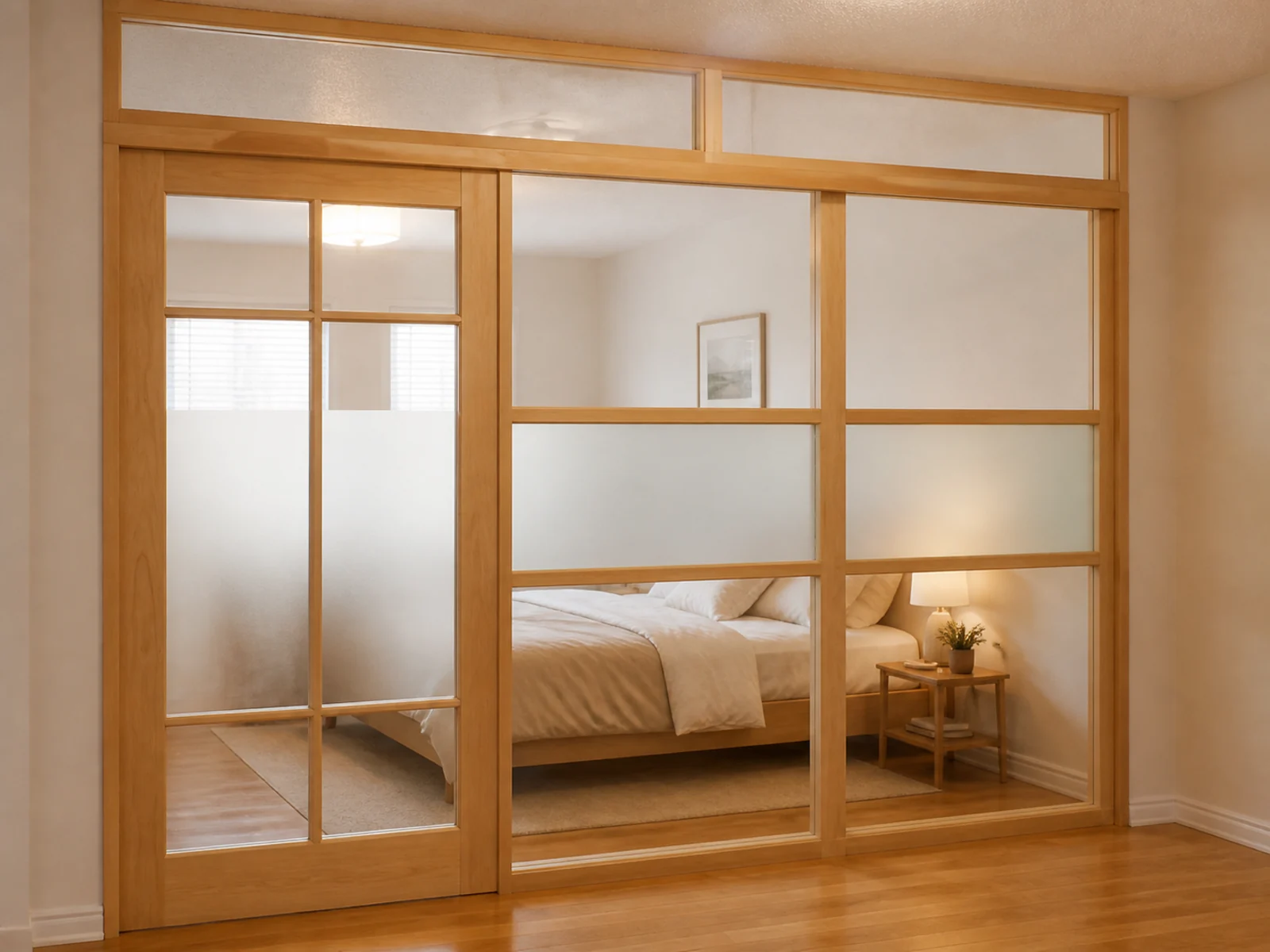 Wood-style framed sliding bedroom door coordinated with matching fixed glass panels and an upper transom.